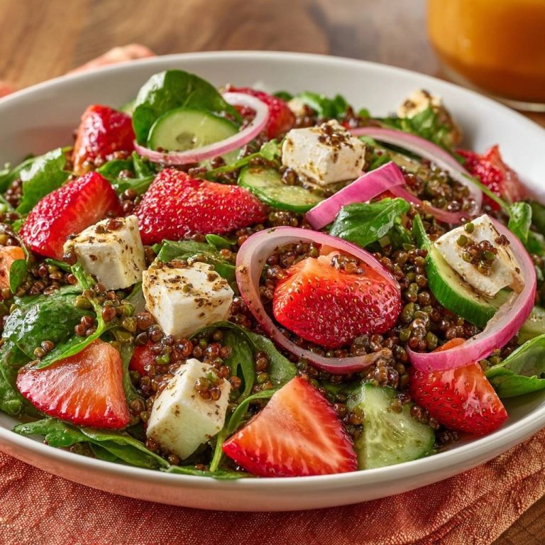 Erdbeer-Feta-Linsen-Salat als Nahaufnahme mit frischen Erdbeeren, Feta-Würfeln und roter Zwiebel