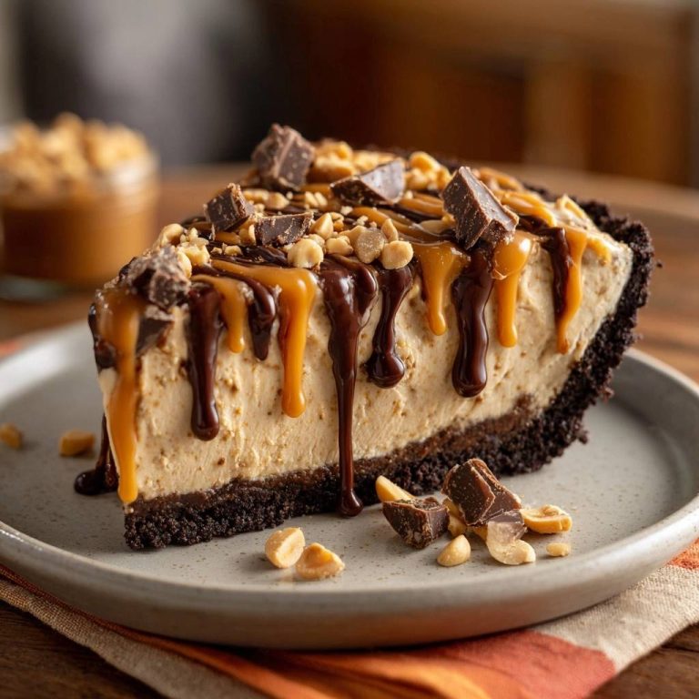Erdnussbutter-Schoko-Cheesecake als angeschnittene Portion auf einem Teller mit Schokoladen- und Karamellglasur und gehackten Erdnüssen.