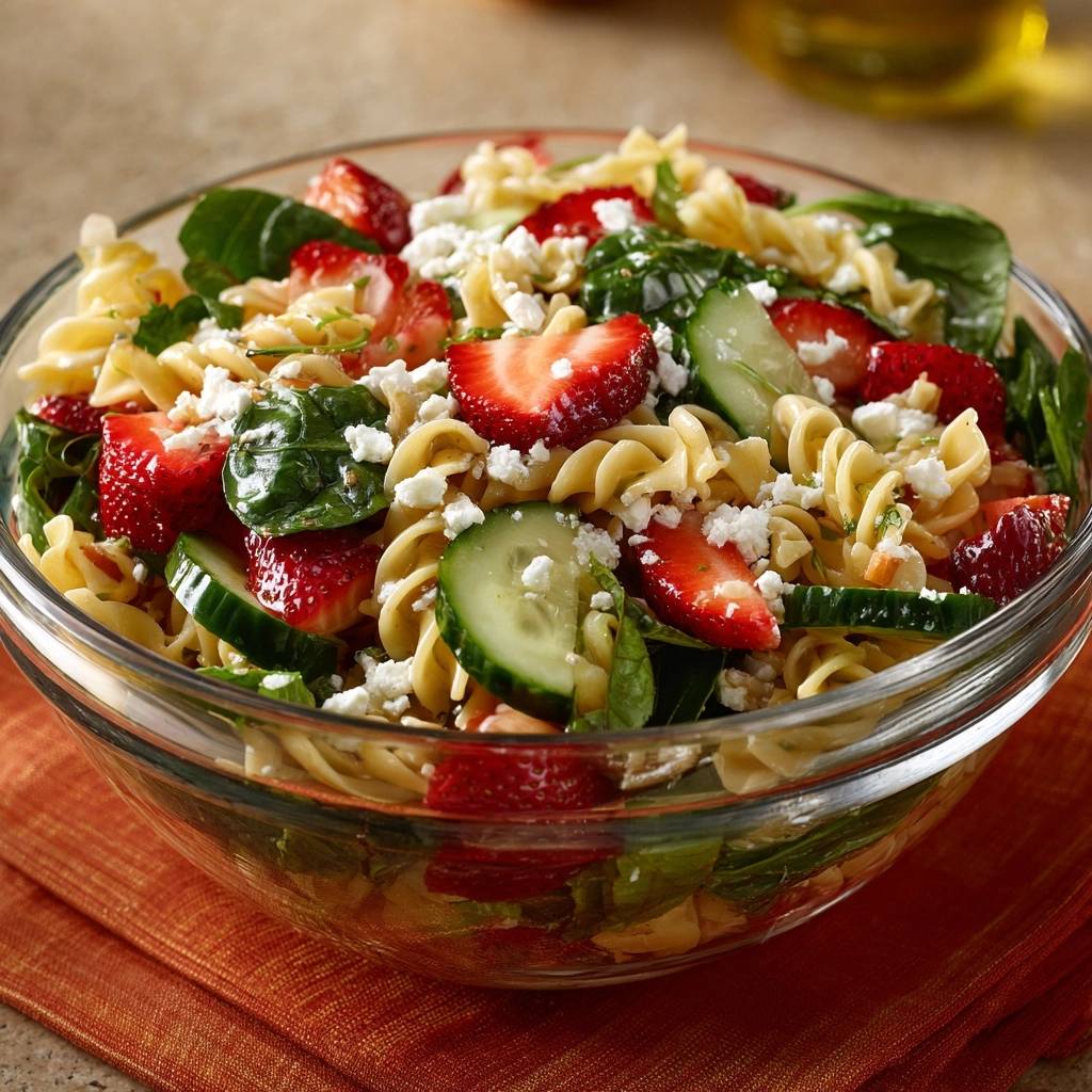 Erdbeer-Spinat-Pasta-Salat mit Gurke und Feta, eine Nahaufnahme der frischen Zutaten in einer Glasschüssel.