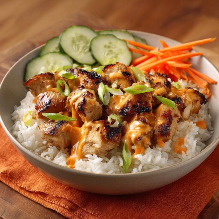 Erdnuss-Hähnchen-Reis-Bowl mit saftigen Hähnchenstücken, übergossen mit cremiger Erdnusssauce und garniert mit Frühlingszwiebeln.