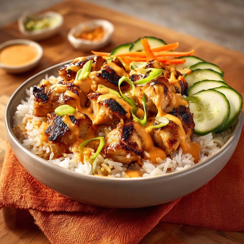 Erdnuss-Hähnchen-Reis-Bowl mit saftigen Hähnchenstücken und cremiger Erdnusssauce garniert mit Frühlingszwiebeln.