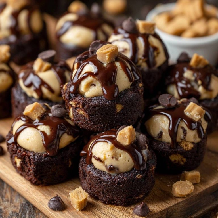 Erdnussbutter-Cup-Brownie-Häppchen auf einem Holzbrett, garniert mit Schokoladensauce und Erdnussstücken.