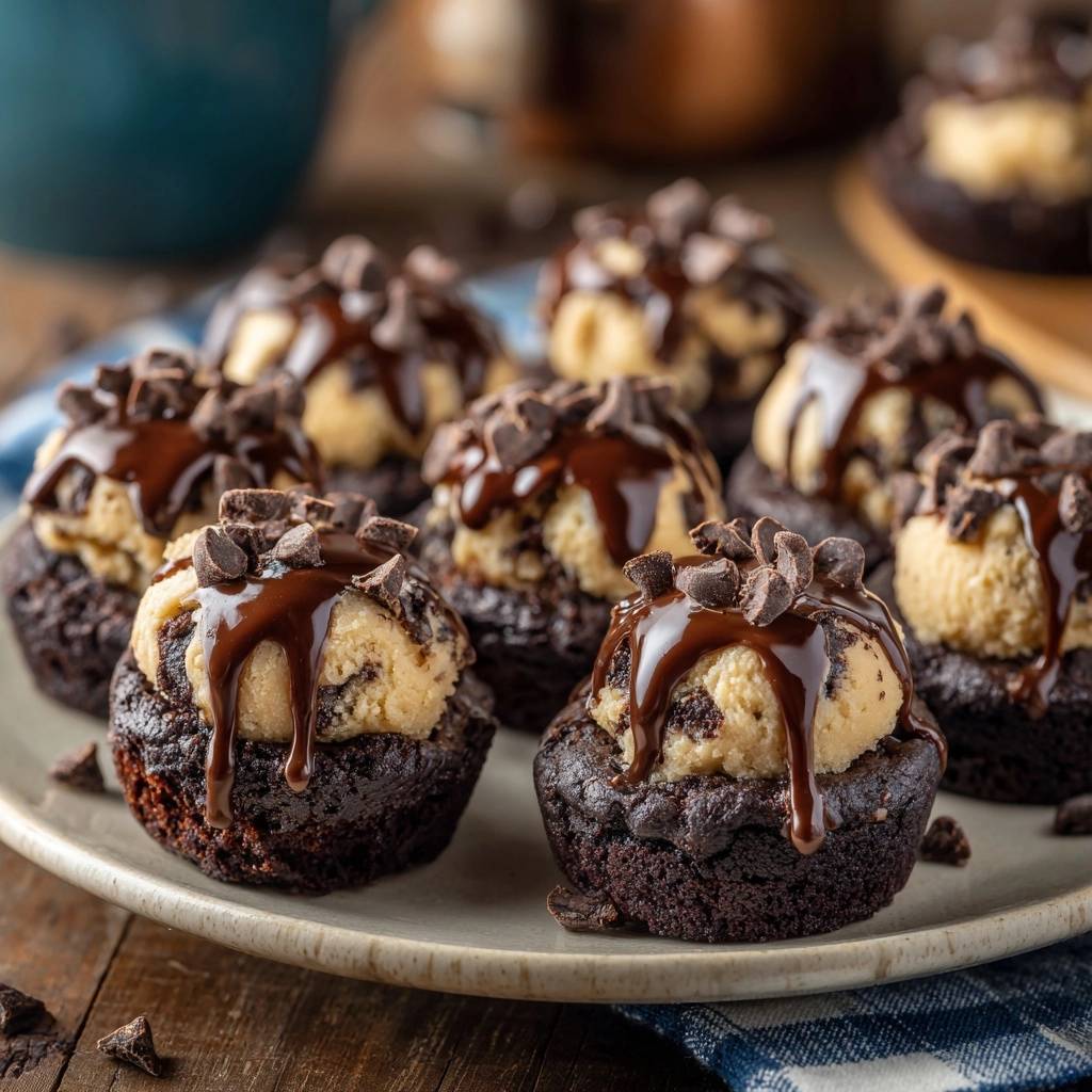 Erdnussbutter-Cup-Brownie-Häppchen mit Schokoladenglasur und Schokostückchen, Nahaufnahme des Toppings auf einem Brownie.
