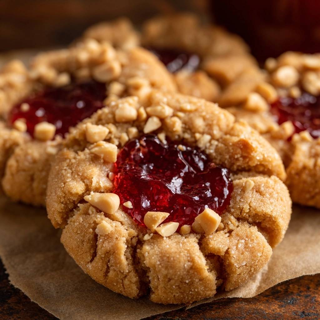 Knusprige Erdnussbutter-Marmeladen-Kekse mit einer detaillierten Ansicht der Erdnussbutter- und Marmeladenfüllung, bestreut mit gehackten Erdnüssen.