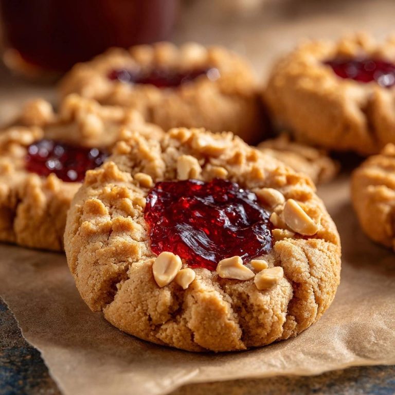 Knusprige Erdnussbutter-Marmeladen-Kekse mit Marmelade und Erdnüssen als Nahaufnahme