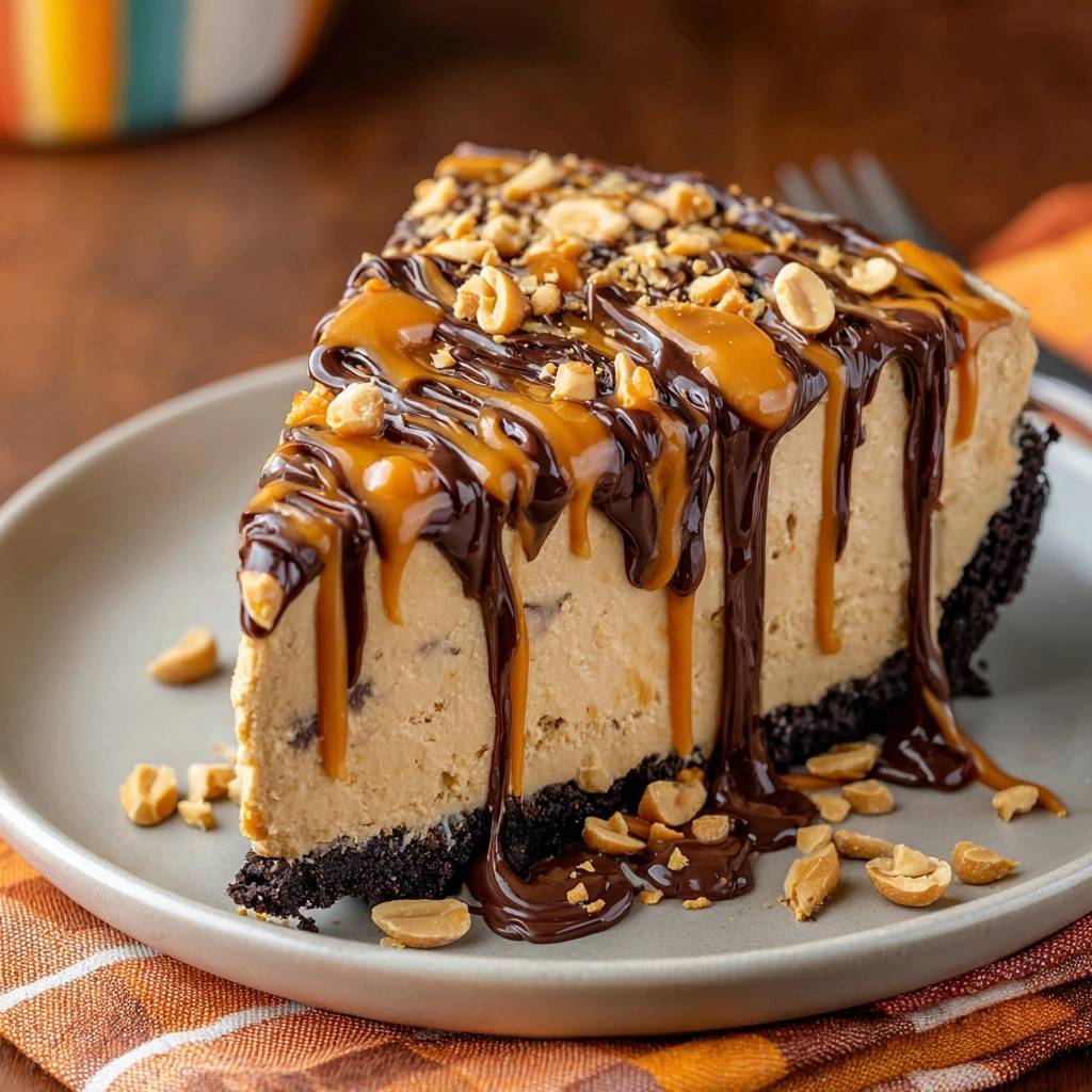Erdnussbutter-Schoko-Cheesecake angeschnitten auf einem Teller, garniert mit Schokoladen- und Karamellsauce sowie Erdnüssen.