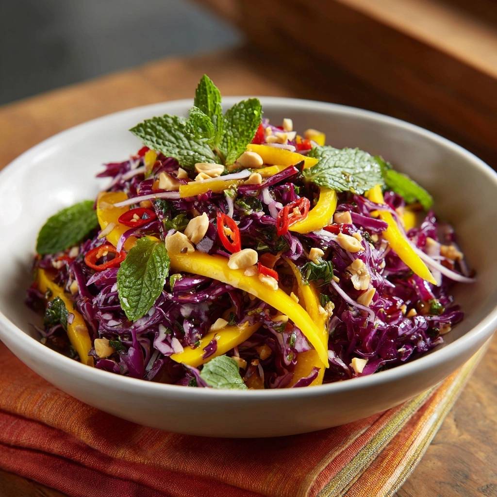 Exotischer Mango-Rotkohl-Salat, garniert mit frischer Minze, Erdnüssen und Chilischeiben, in einer Schüssel serviert.