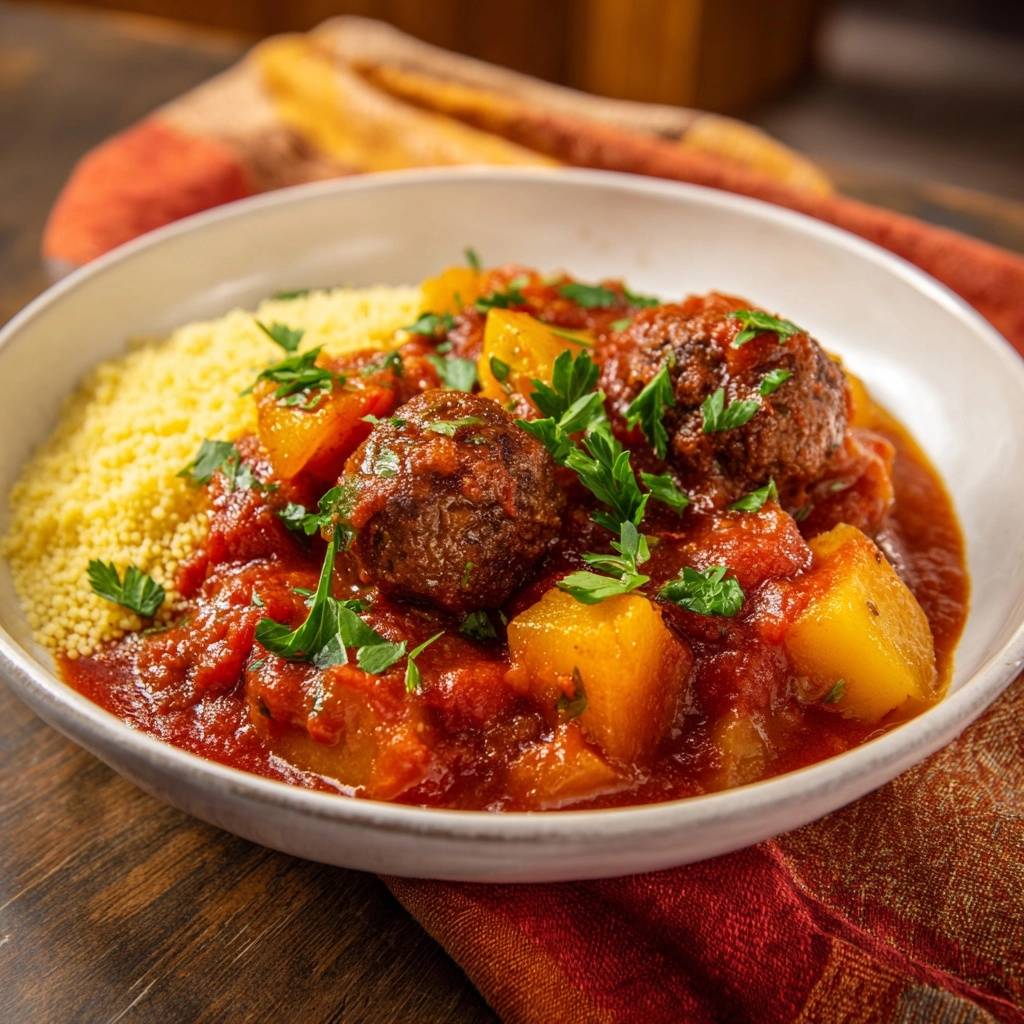 Saftige Fleischbällchen-Tagine mit Kartoffeln und Couscous, eine Nahaufnahme mit frischen Kräutern garniert.