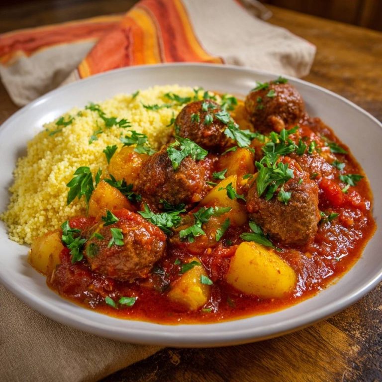 Saftige Fleischbällchen-Tagine mit Kartoffeln & Couscous, nahaufnahme mit frischer Petersilie garniert