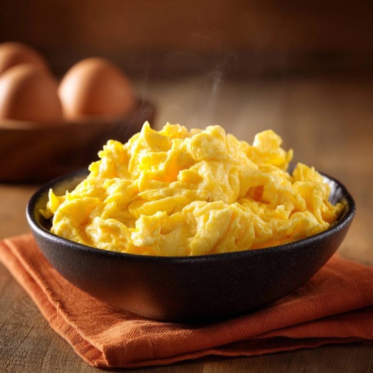 Perfektes fluffiges Rührei, heiss und dampfend in einer schwarzen Schüssel auf einem orangefarbenen Tuch serviert.