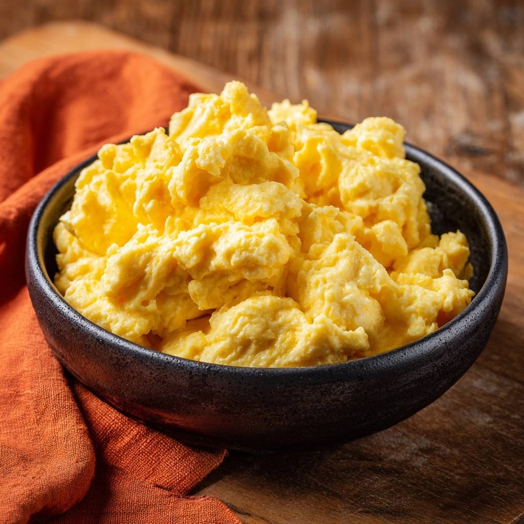 Perfektes fluffiges Rührei serviert in einer dunklen Schüssel mit einem orangefarbenen Tuch.