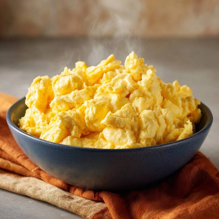 Fluffiges Rührei, das in einer blauen Schüssel mit Dampf serviert wird, als Hauptbild des Rezepts.