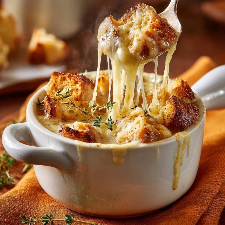Französische Zwiebelsuppe mit geschmolzenem Käse und Brot, das sich in Fäden zieht.