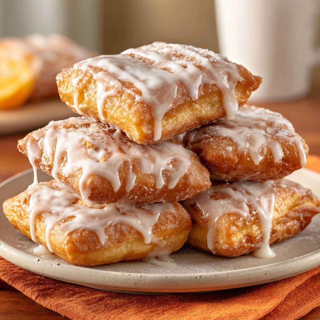 Französische Beignets gestapelt auf einem Teller, mit weißer Glasur überzogen und mit Puderzucker bestäubt.