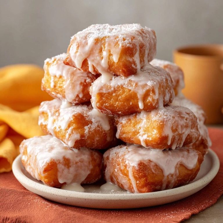 Französische Beignets sind auf einem Teller zu einem Turm gestapelt und mit zarter Zuckergussglasur überzogen.