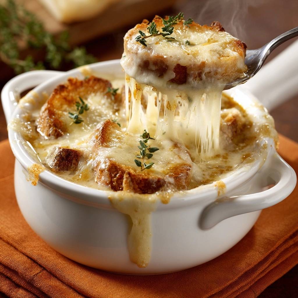 Französische Zwiebelsuppe mit geschmolzenem Käse und Brot, das sich in langen Fäden zieht, frisch aus dem Ofen.