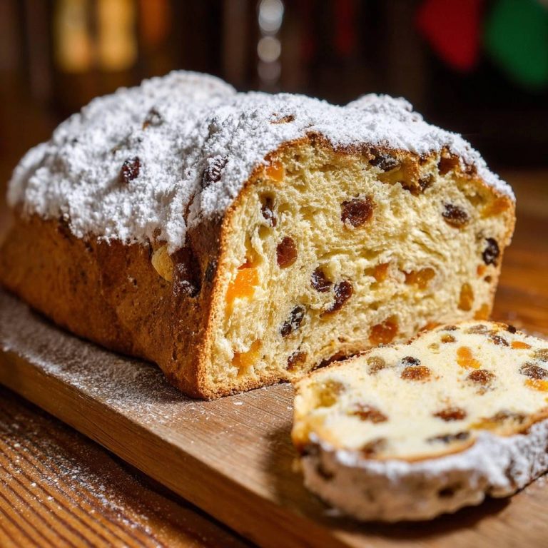 Fruchtiger Weihnachtsstollen angeschnitten mit Rosinen und Aprikosen, bestäubt mit Puderzucker auf einem Holzbrett
