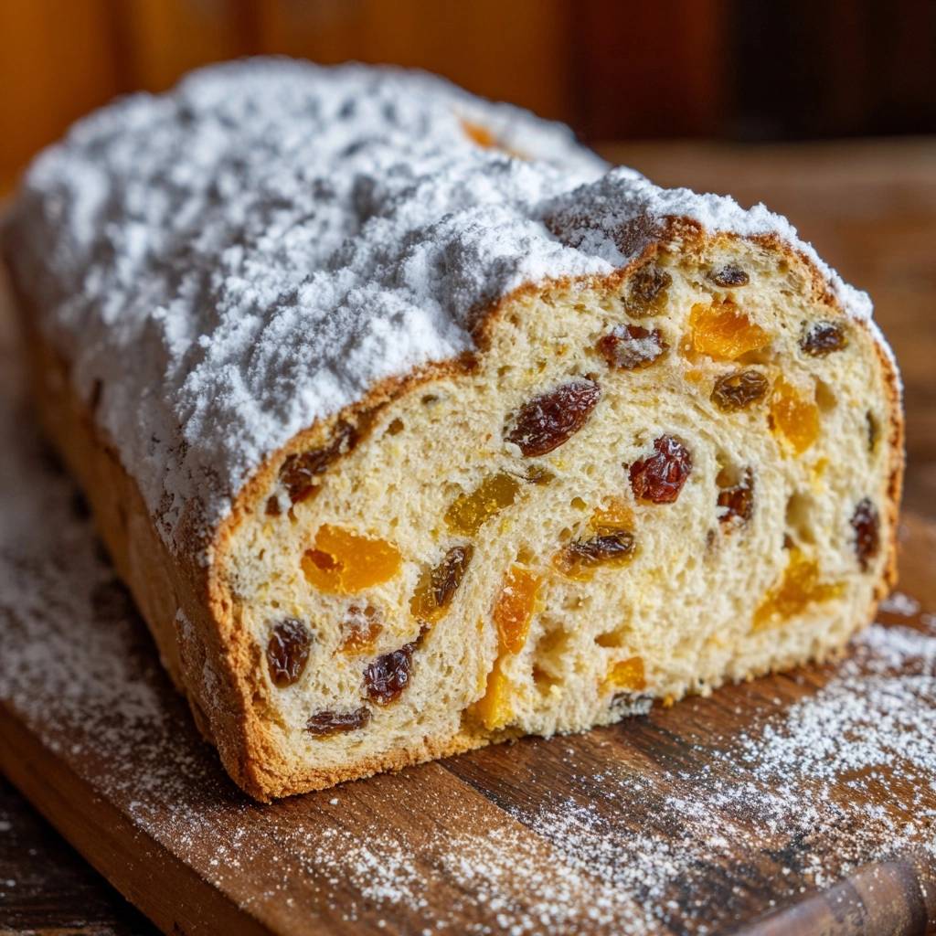 Fruchtiger Weihnachtsstollen angeschnitten auf einem Holzbrett, mit Puderzucker bestäubt und vielen Rosinen und kandierten Früchten im Inneren.