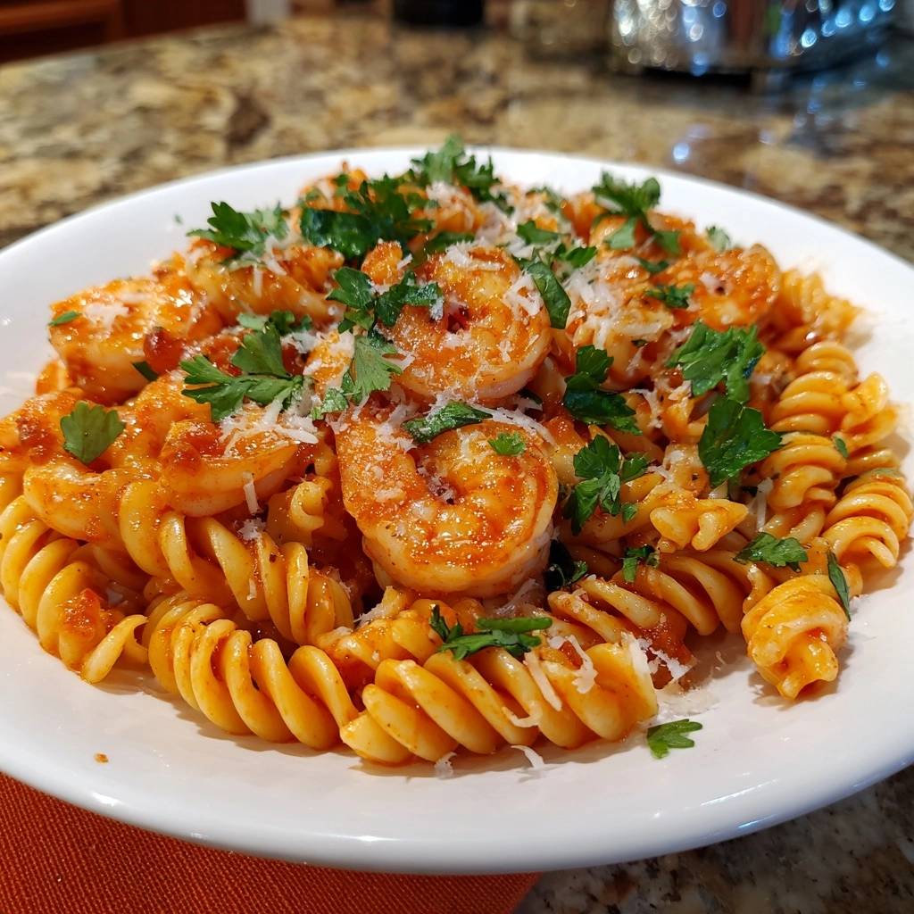 Fusilli mit Garnelen in Tomatensoße, serviert auf einem weißen Teller mit frischer Petersilie und geriebenem Käse, Nahaufnahme.