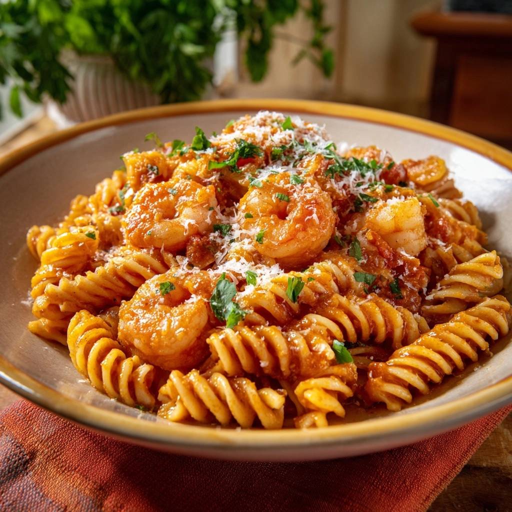 Fusilli mit Garnelen in Tomatensoße als Nahaufnahme auf einem Teller mit geriebenem Parmesan und Petersilie garniert.