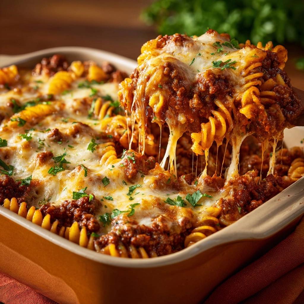Fusilli-Hackfleisch-Auflauf mit geschmolzenem Käse, der beim Anheben Fäden zieht, aus einer Auflaufform.