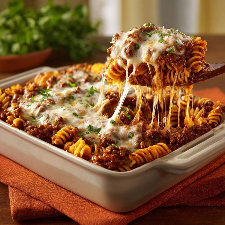 Fusilli-Hackfleisch-Auflauf mit geschmolzenem Käse, der sich beim Anheben von einem Löffel zieht.