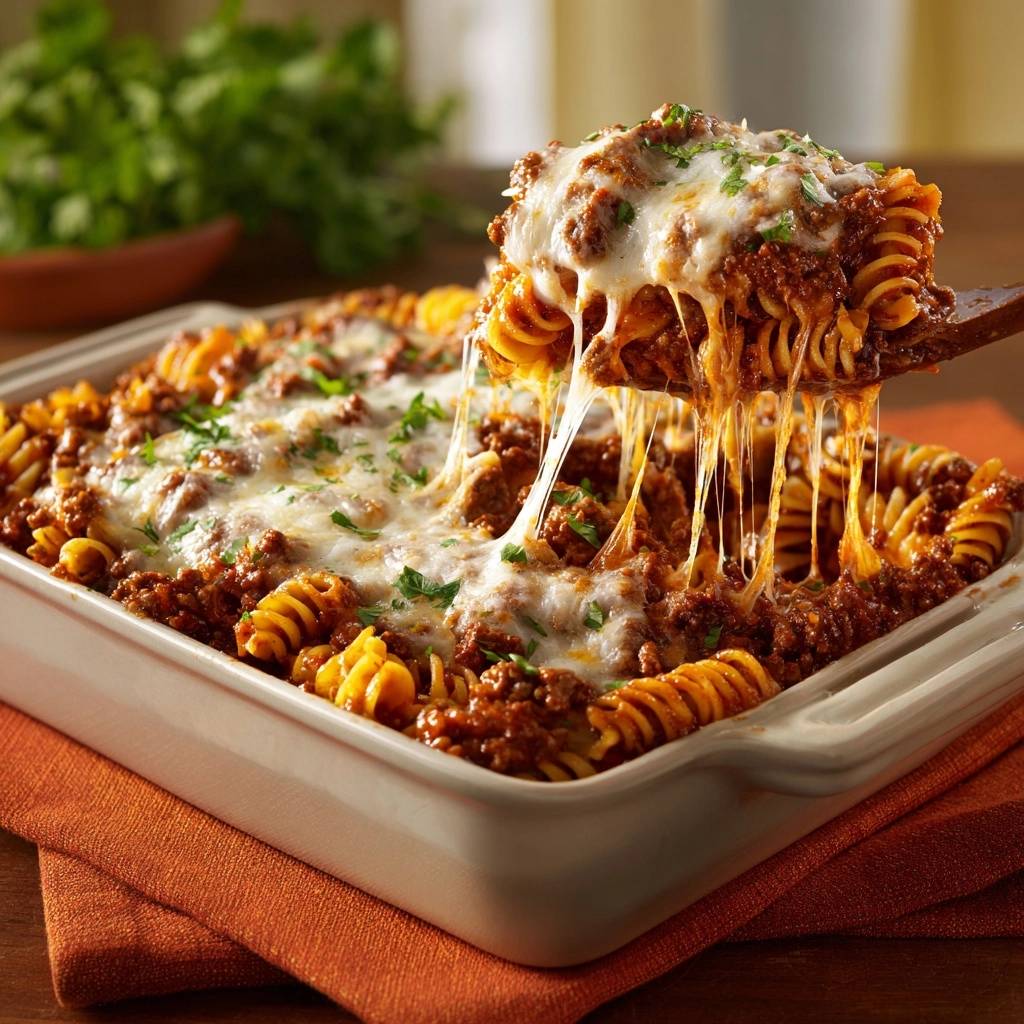 Fusilli-Hackfleisch-Auflauf mit geschmolzenem Käse, der sich beim Anheben von einem Löffel zieht.
