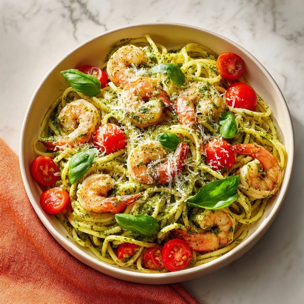 Garnelen-Pesto-Spaghetti mit frischem Basilikum und Kirschtomaten, nahaufnahme der einzelnen Komponenten.