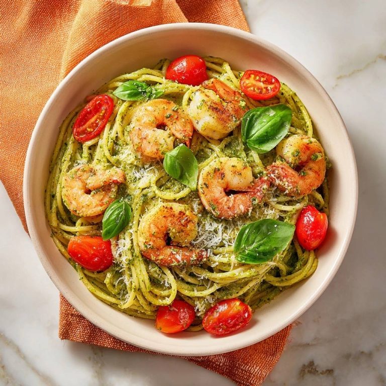 Garnelen-Pesto-Spaghetti mit Kirschtomaten und Basilikum, von oben mit Garnelen und Pesto garniert.