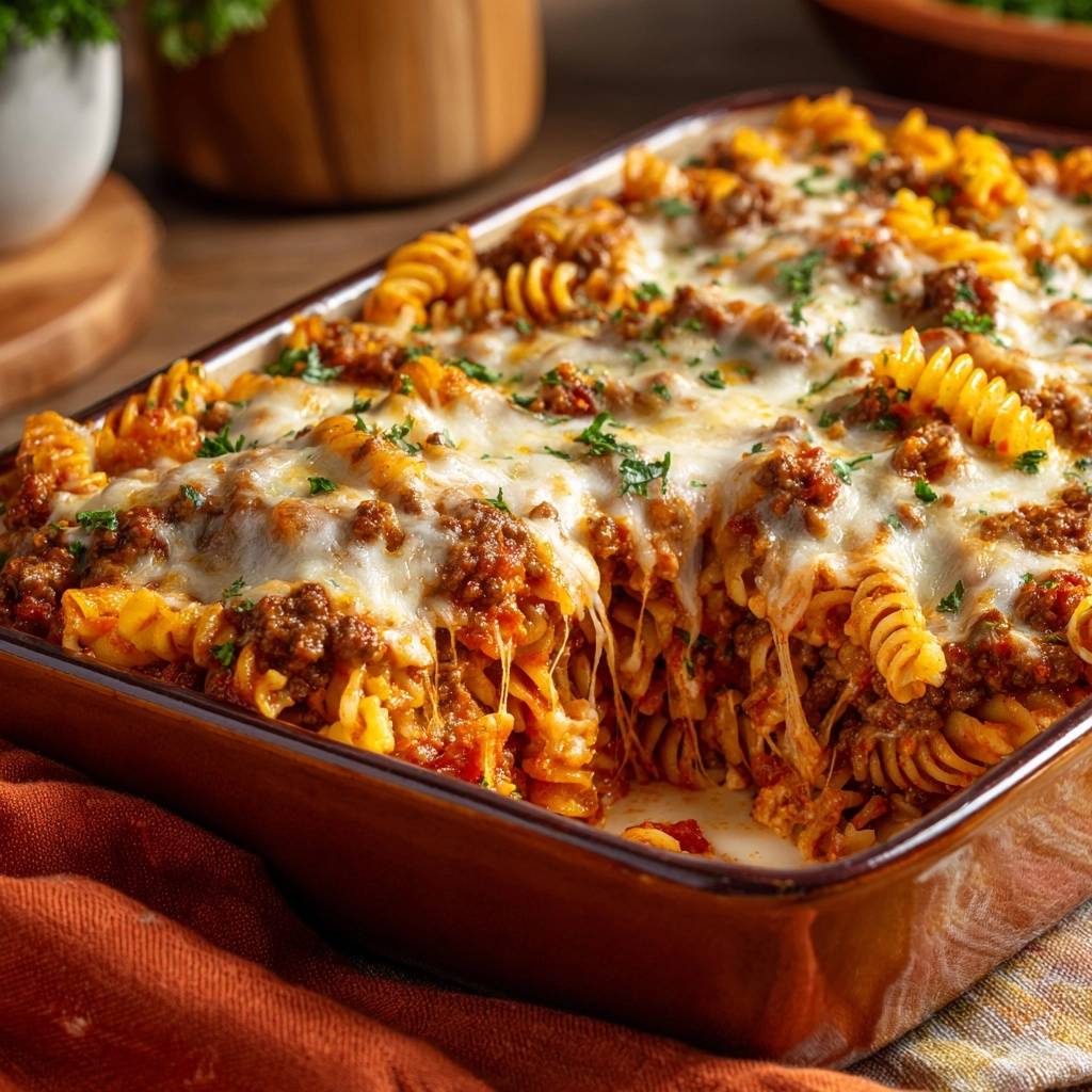 Gebackener Fusilli-Hackfleisch-Auflauf, angeschnitten und zeigt die geschmolzene Käseschicht und die Nudeln mit Hackfleischsauce.
