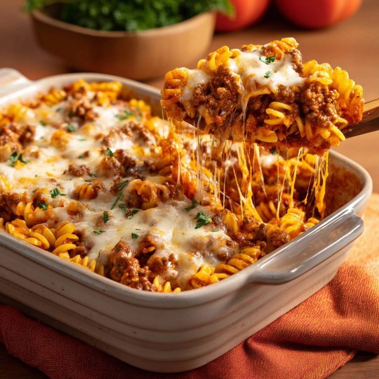 Gebackener Fusilli-Hackfleisch-Auflauf mit schmelzendem Käse, der beim Anheben Fäden zieht.