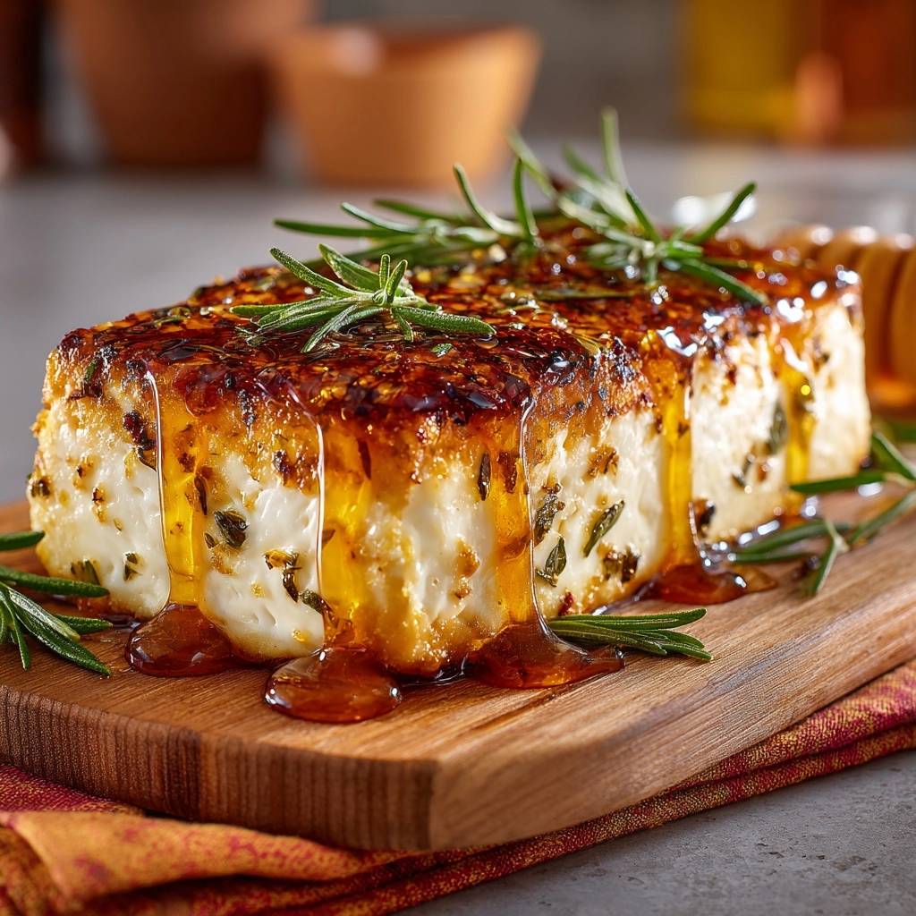 Gebackener Honig-Feta mit Rosmarin, übergossen mit glasiertem Honig und Kräutern, Nahaufnahme.