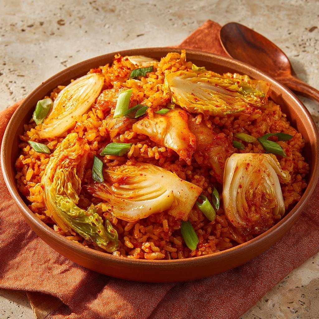 Gebratener Kimchi-Reis mit Nappa-Kohl und Frühlingszwiebeln als Garnitur, nah aufgenommen in einer Schüssel.