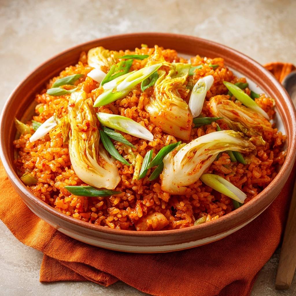 Gebratener Kimchi-Reis, garniert mit Frühlingszwiebeln und Chinakohl-Stücken in einer Schüssel auf einem orangefarbenen Tuch.