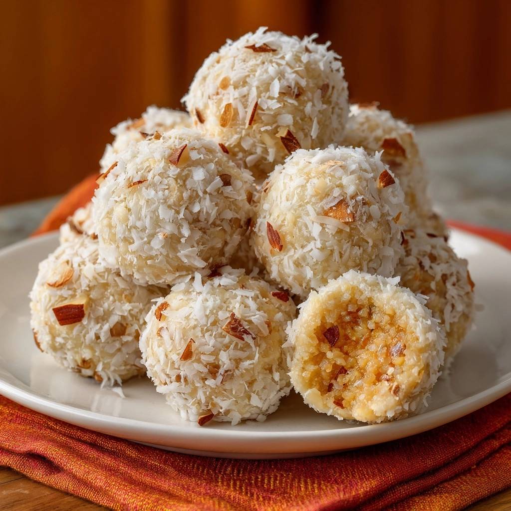 Gefüllte Kokos-Mandel-Bällchen angeschnitten, um die saftige Füllung mit Mandelsplittern und Kokosflocken zu zeigen.