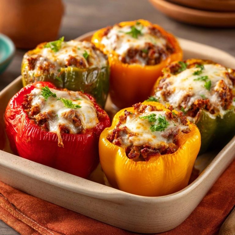 Gefüllte Paprika mit Hack und Käseüberback, eine Nahaufnahme der saftigen, überbackenen Speisen in einer Auflaufform.