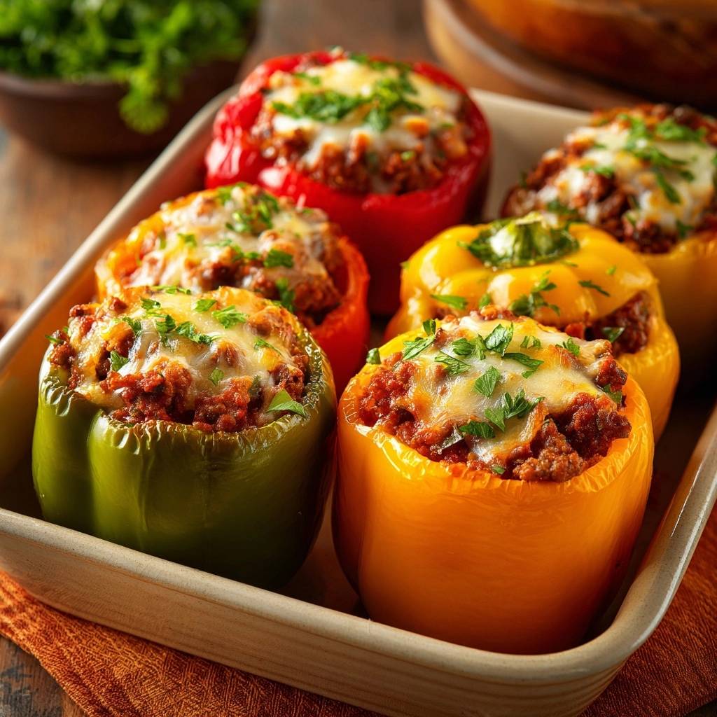 Gefüllte Paprika mit Hack und Käse überbacken, nahaufnahme der geschmolzenen Käsekruste und gehackter Petersilie.