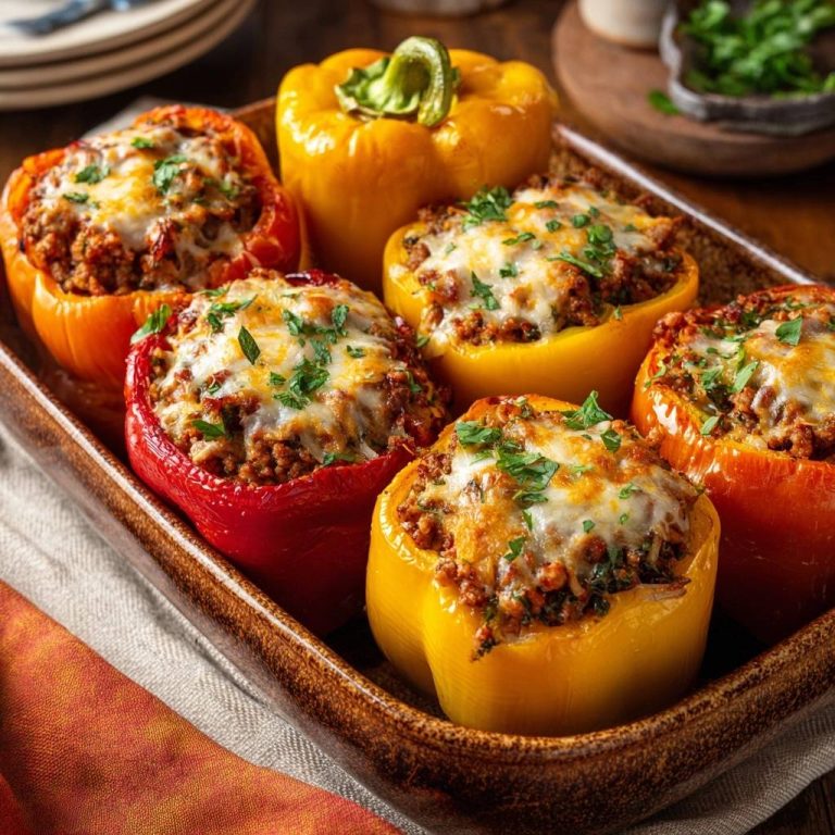 Gefüllte Paprika mit Hack und Käse als Nahaufnahme, mit geschmolzenem Käse und frischer Petersilie garniert.