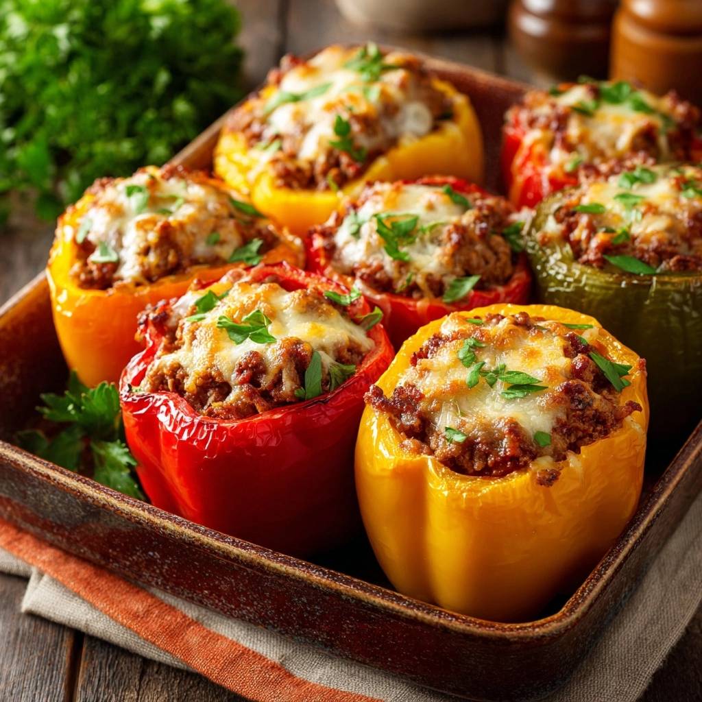 Gefüllte Paprika mit Hack und Käse ofenfrisch in einer Auflaufform mit geschmolzenem Käse und Petersilie garniert.