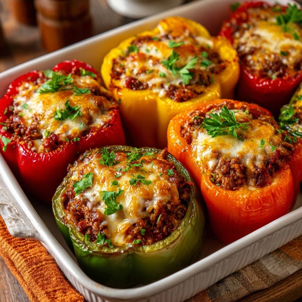 Gefüllte Paprika mit Hack und Käse, nahaufnahme der geschmolzenen Käsekruste auf den bunten Paprika.