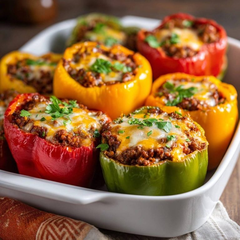 Gefüllte Paprika mit Hack und Käse, eine Nahaufnahme zeigt die geschmolzene Käseschicht und frische Petersilie.