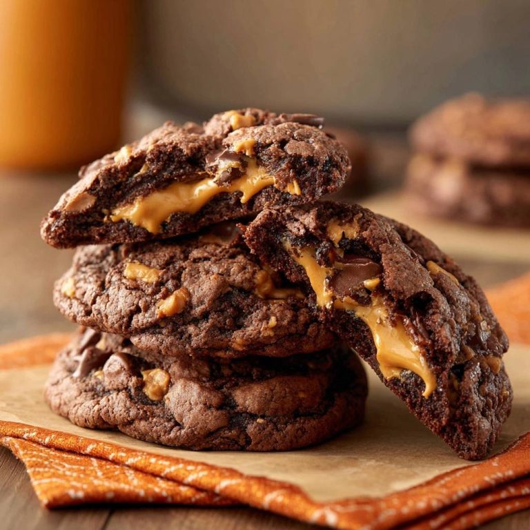 Gefüllte Schoko-Erdnussbutter-Cookies angeschnitten, die den flüssigen Erdnussbutterkern und Schokoladenstückchen zeigen.