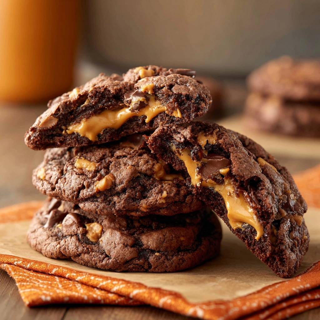 Gefüllte Schoko-Erdnussbutter-Cookies angeschnitten, die den flüssigen Erdnussbutterkern und Schokoladenstückchen zeigen.