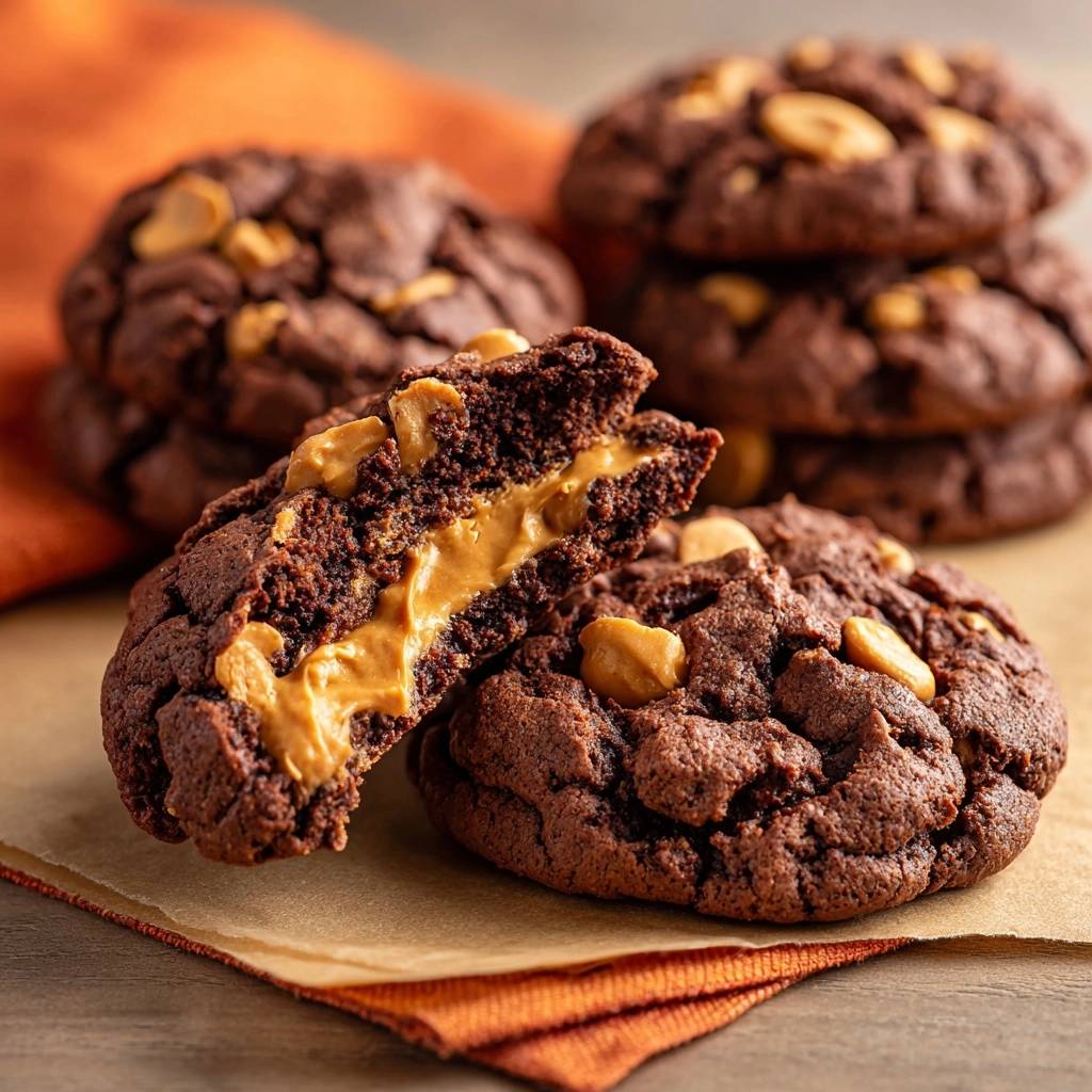 Gefüllte Schoko-Erdnussbutter-Cookies angeschnitten mit einer großzügigen, cremigen Erdnussbutterfüllung, die herausläuft.