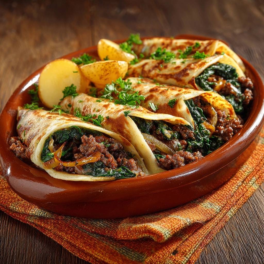 Gefüllte Spinat-Hack-Pfannkuchen mit saftiger Hackfleisch-Spinat-Füllung, serviert mit Kartoffelspalten in einer braunen Auflaufform.