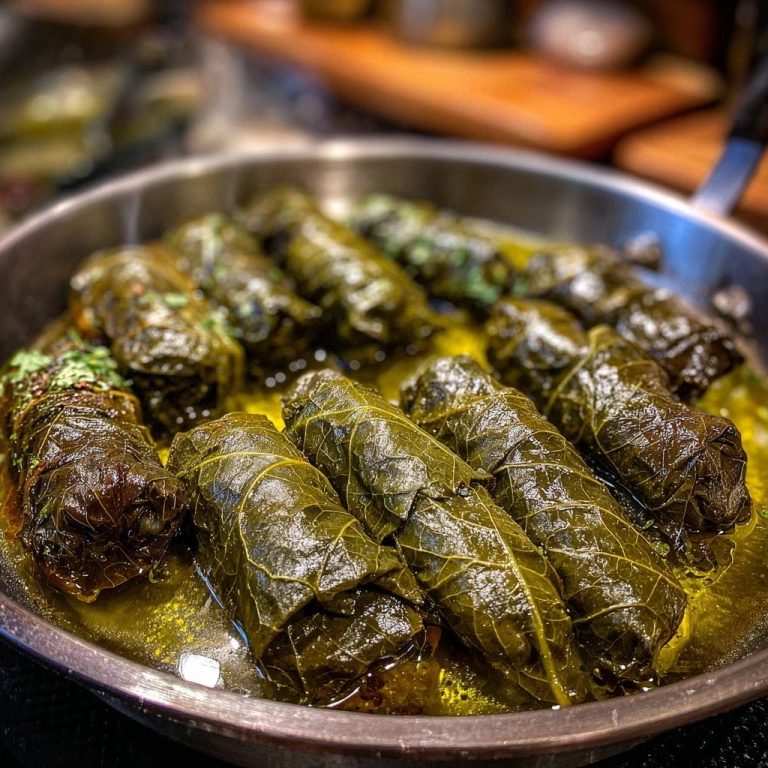 Gefüllte Weinblätter in einer Pfanne mit Olivenöl, nahaufnahme der perfekt gerollten Blätter.