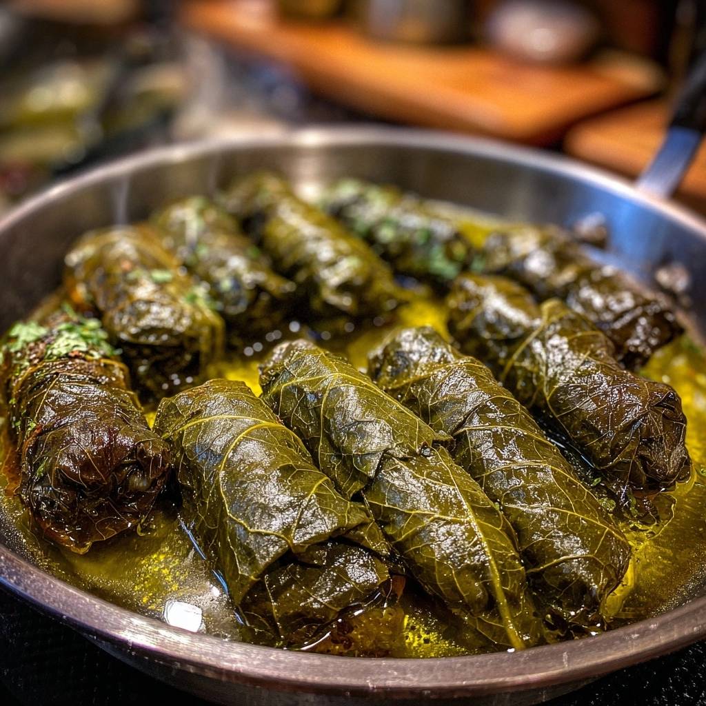 Gefüllte Weinblätter in einer Pfanne mit Olivenöl, nahaufnahme der perfekt gerollten Blätter.