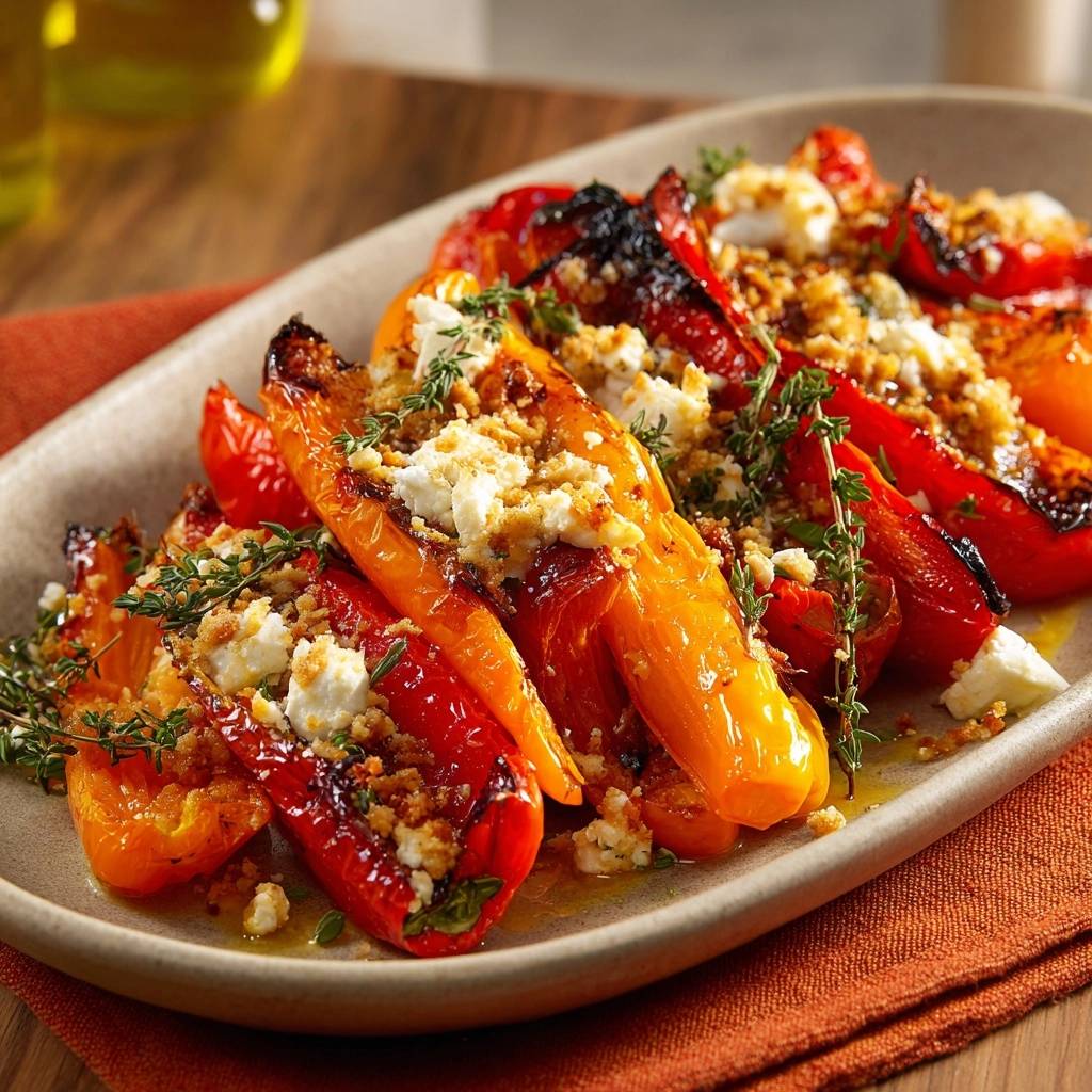 Gegrillte Paprika mit Feta und Thymian, garniert mit zerbröseltem Käse und frischen Kräutern auf einem Teller.