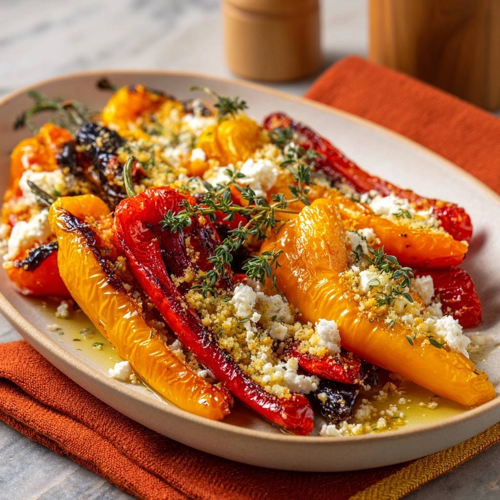 Gegrillte Paprika mit Feta und Thymian, garniert mit Krümeln und Kräutern auf einem Teller.