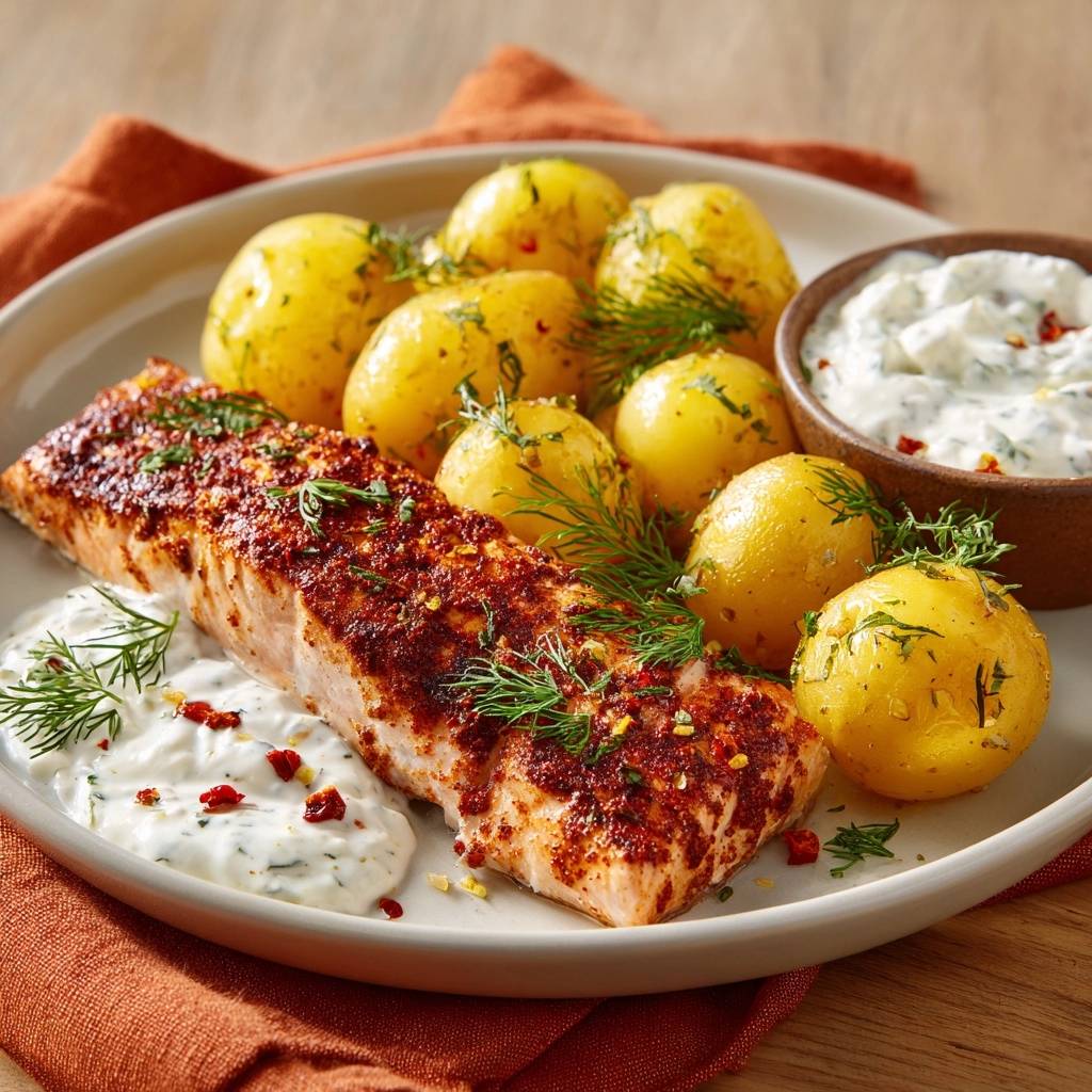 Gegrillter Lachs mit Dillkartoffeln und Chili-Dill-Creme, serviert auf einem Teller mit Beilagen und Dip.